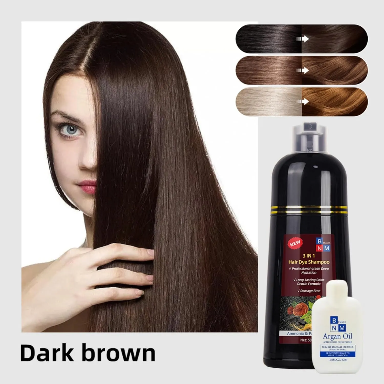 Hair Dye Shampoo for Gray Hair – 3-in-1 Natural Color, Shampoo & Conditioner – Ammonia-Free, Long-Lasting – 500ml – Quick & Easy Coverage for Men & Women (Dark Brown)