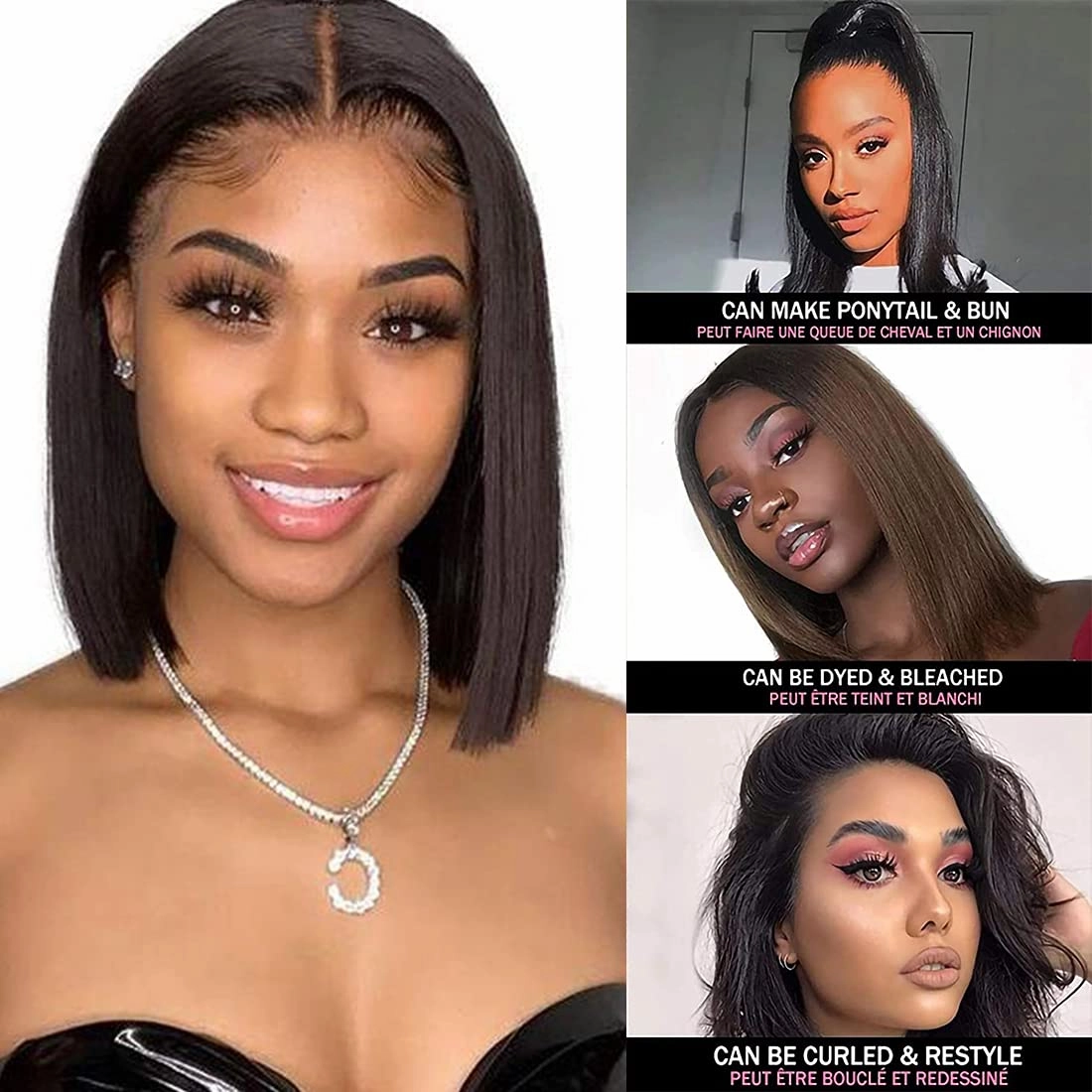 Hair Brazilian Virgin Remy Human Hair 13x4 Straight Short Bob Wig For Black Women 150% Density Unprocessed Pre Plucked Glueless Nature Color Can Be Dyed and Bleached(10 Inch)