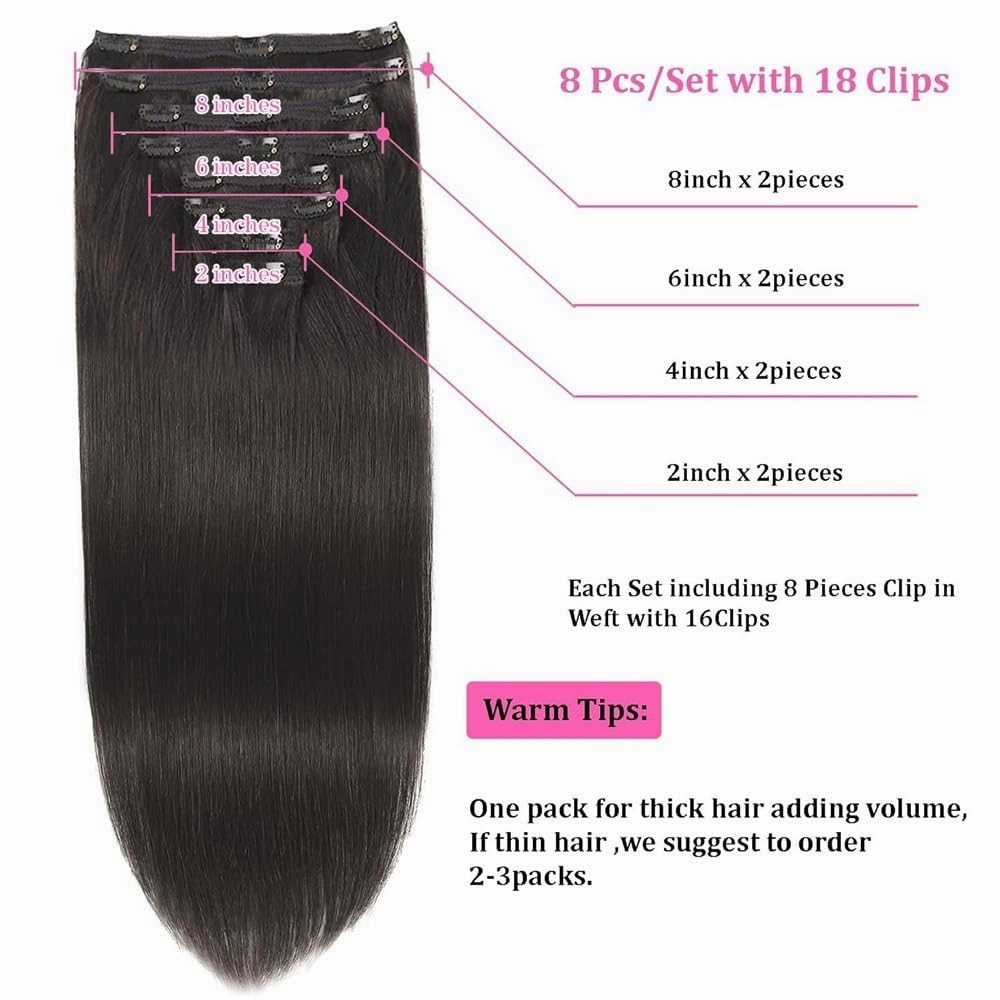 Hair Extensions 10-26 Inch Long Straight Clip in Hair Extensions Human Hair Seamless Clip in Extensions 8Pcs Full Head Brazilian Remy Hair Extensions with 18 Clips Hair Pieces(14 Inch)
