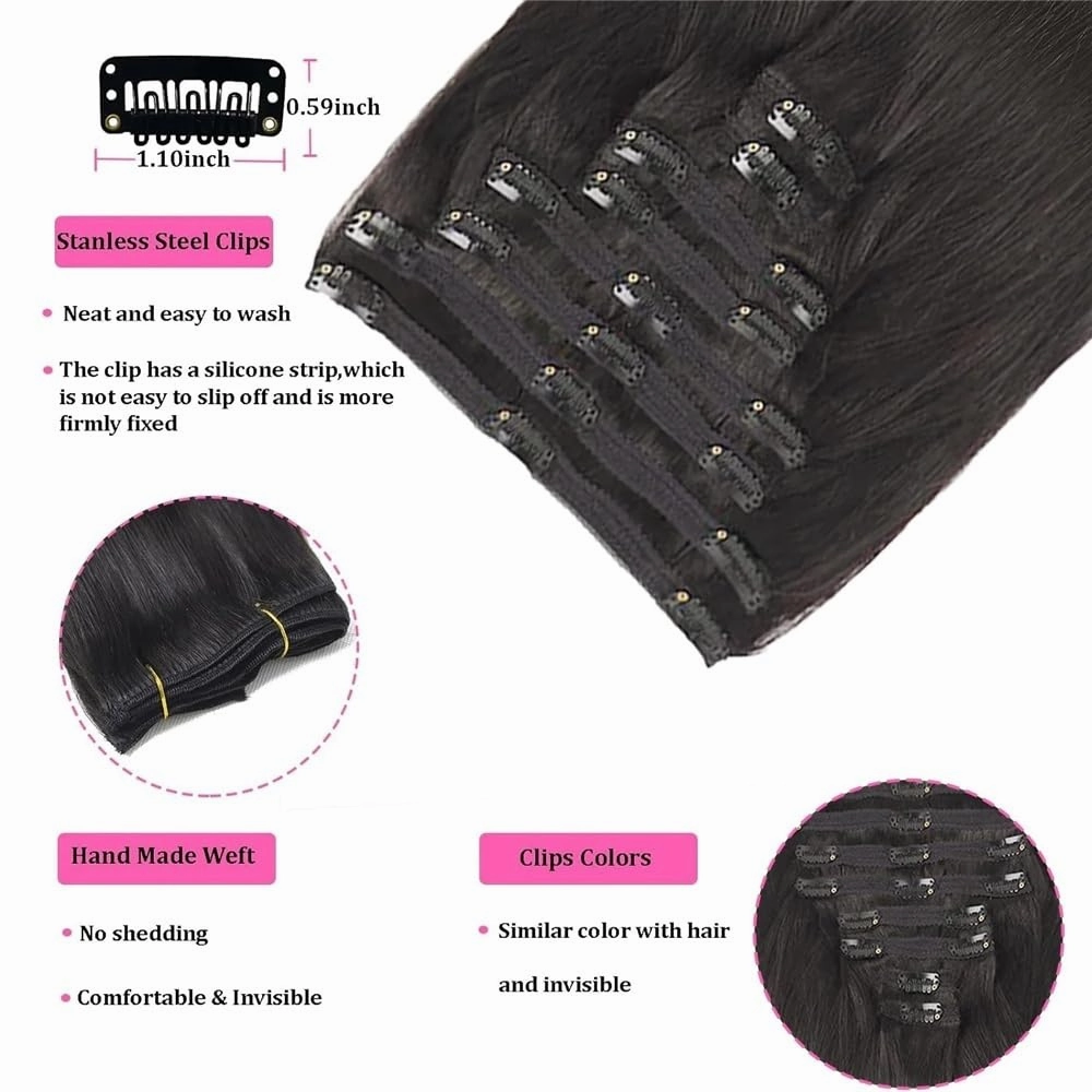 Hair Extensions 10-26 Inch Long Straight Clip in Hair Extensions Human Hair Seamless Clip in Extensions 8Pcs Full Head Brazilian Remy Hair Extensions with 18 Clips Hair Pieces(14 Inch)
