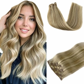 Hair Extensions Real Human Hair Blonde Highlights Clip in Hair Extensions Soft Straight Beige Blonde Balayage Bleach Clip ins Seamless 14 Inch 5pcs 70grams