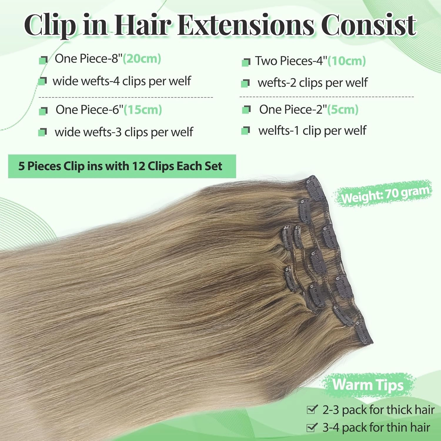 Hair Extensions Real Human Hair Clip ins, 18 Inch Hair Extension Clips Golden Brown with Dirty Blonde Fading to Dirty Blonde Highlights 70g 5pcs Remy Human Hair Clip in Extensions for Women