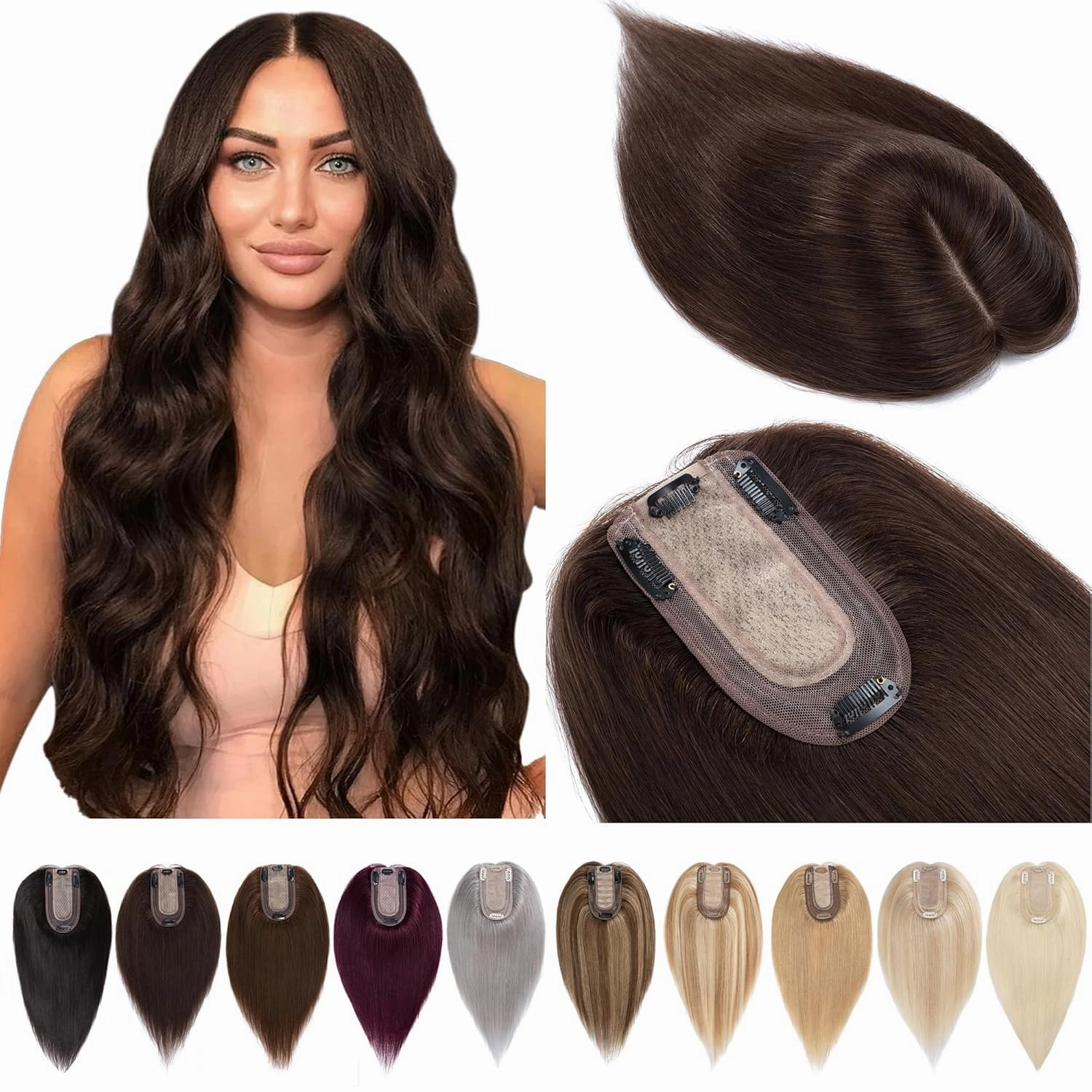 Hair Toppers for Women Real Human Hair No Bangs 7 * 13 CM Silk Base Clip In Topper Hairpieces Wiglet Top Hair Pieces for Women With Thinning Hair -6 Inch Dark Brown