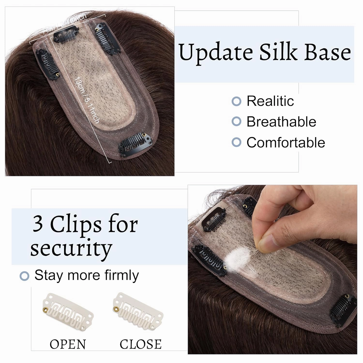 Hair Toppers for Women Real Human Hair No Bangs 7 * 13 CM Silk Base Clip In Topper Hairpieces Wiglet Top Hair Pieces for Women With Thinning Hair -6 Inch Dark Brown
