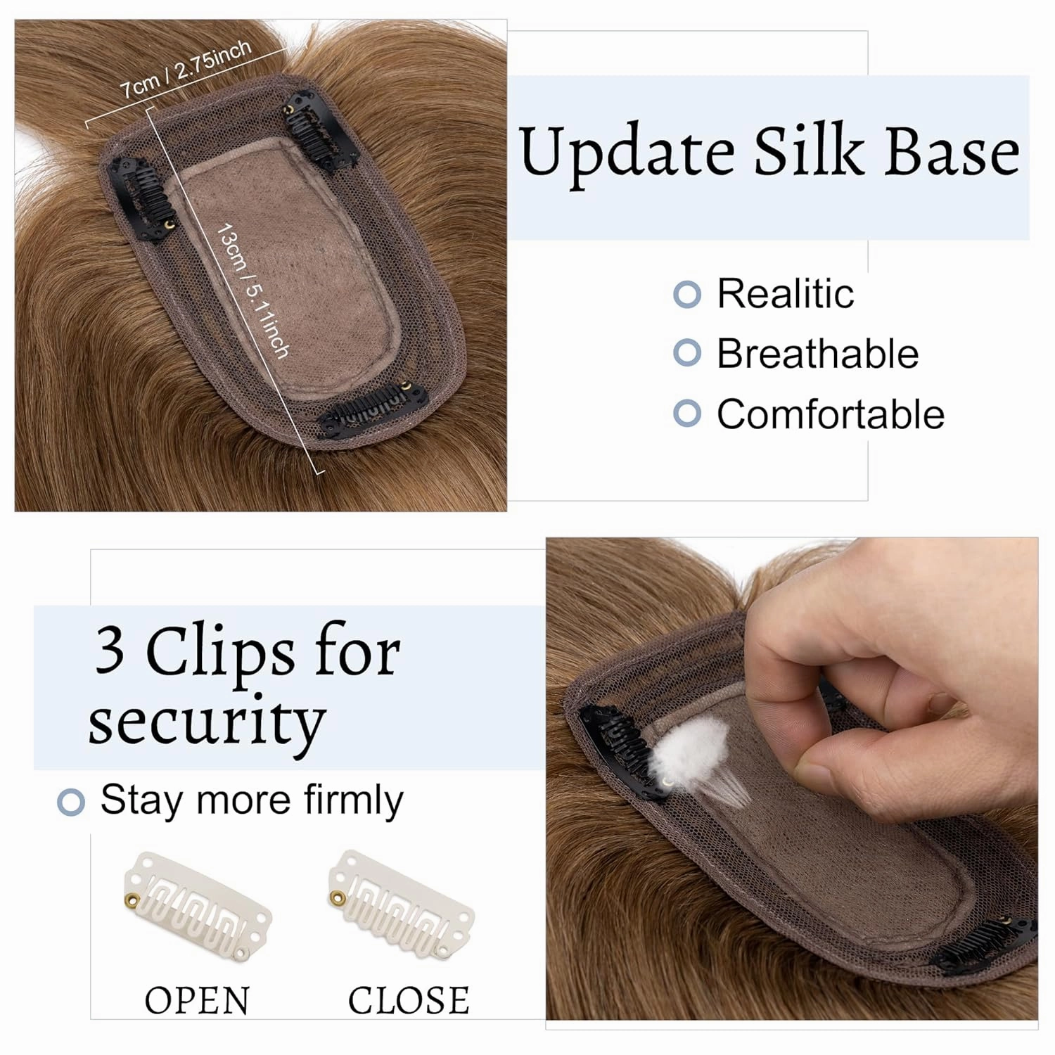 Hair Toppers for Women Real Human Hair With Bangs 7 * 13 CM Silk Base Clip In Topper Hairpieces Wiglet Top Hair Pieces for Women With Thinning Hair -6 Inch Light Brown