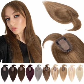 Hair Toppers for Women Real Human Hair With Bangs 7 * 13 CM Silk Base Clip In Topper Hairpieces Wiglet Top Hair Pieces for Women With Thinning Hair -6 Inch Light Brown