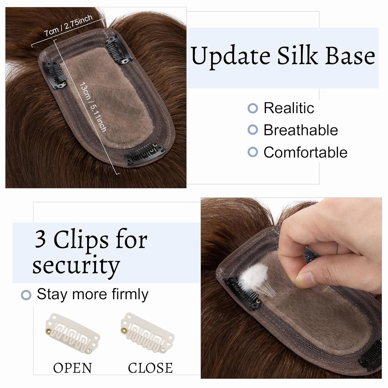 Hair Toppers for Women Real Human Hair With Bangs 7 * 13 CM Silk Base Clip In Topper Hairpieces Wiglet Top Hair Pieces for Women With Thinning Hair -6 Inch Medium Brown