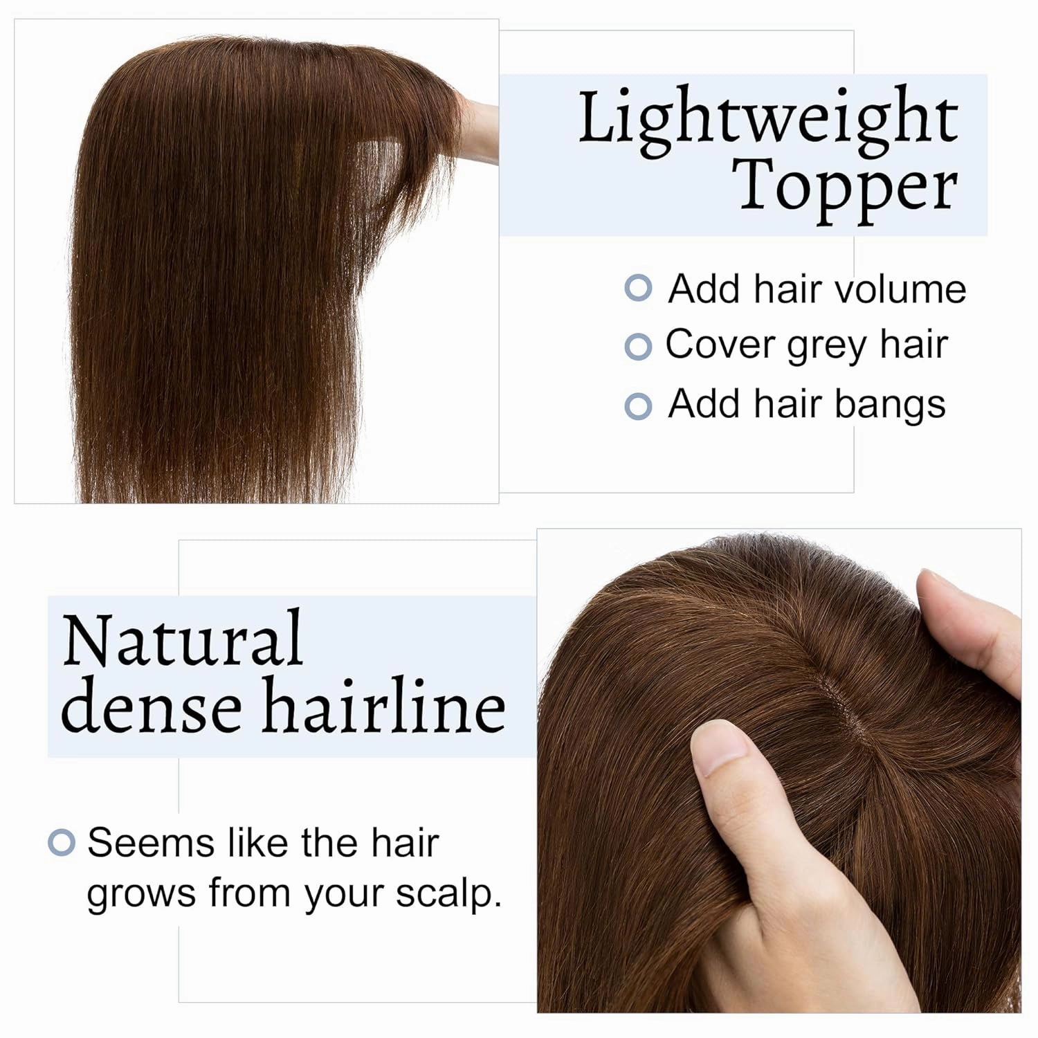 Hair Toppers for Women Real Human Hair With Bangs 7 * 13 CM Silk Base Clip In Topper Hairpieces Wiglet Top Hair Pieces for Women With Thinning Hair -6 Inch Medium Brown