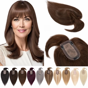 Hair Toppers for Women Real Human Hair With Bangs 7 * 13 CM Silk Base Clip In Topper Hairpieces Wiglet Top Hair Pieces for Women With Thinning Hair -6 Inch Medium Brown