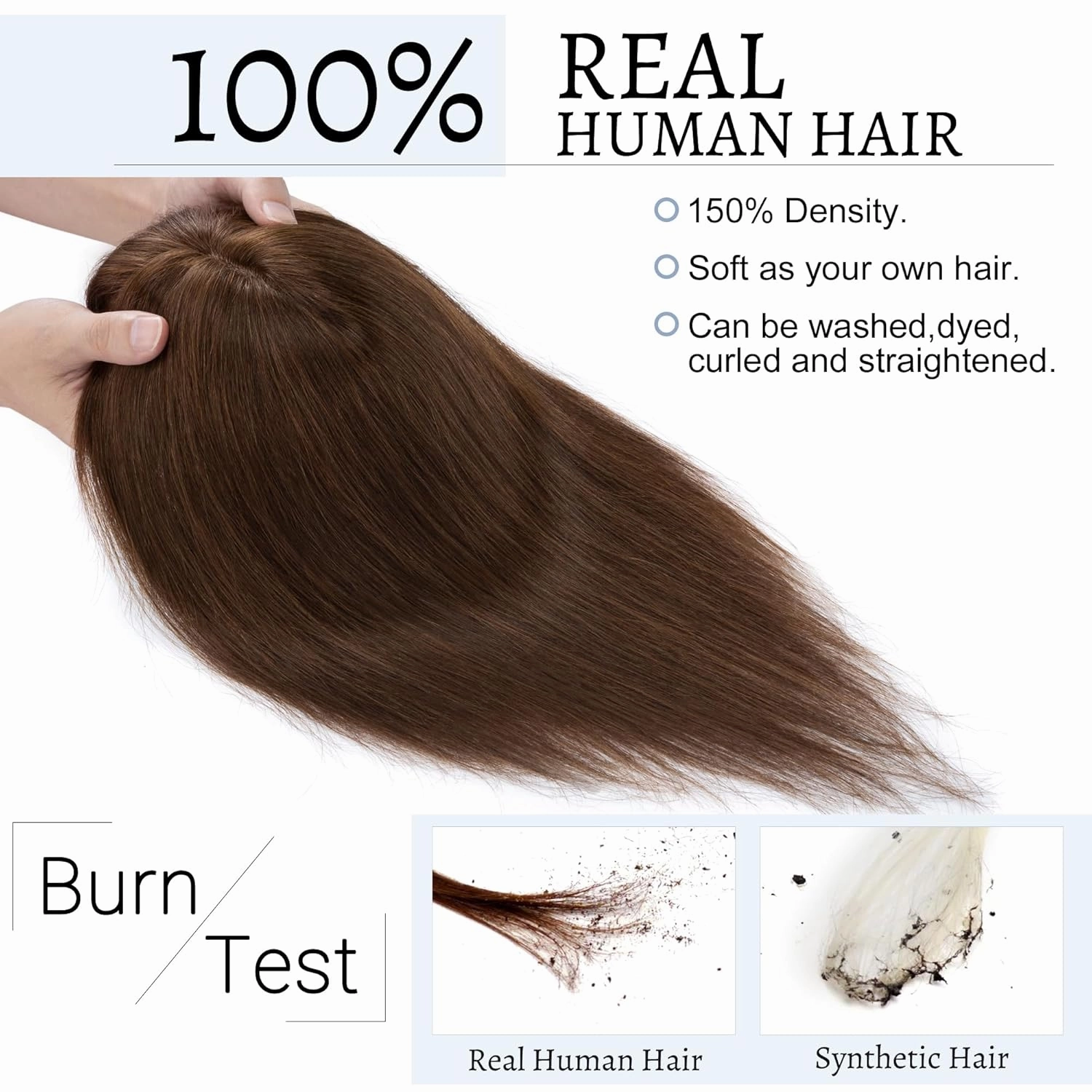 Hair Toppers for Women Real Human Hair With Bangs 7 * 13 CM Silk Base Clip In Topper Hairpieces Wiglet Top Hair Pieces for Women With Thinning Hair -6 Inch Medium Brown