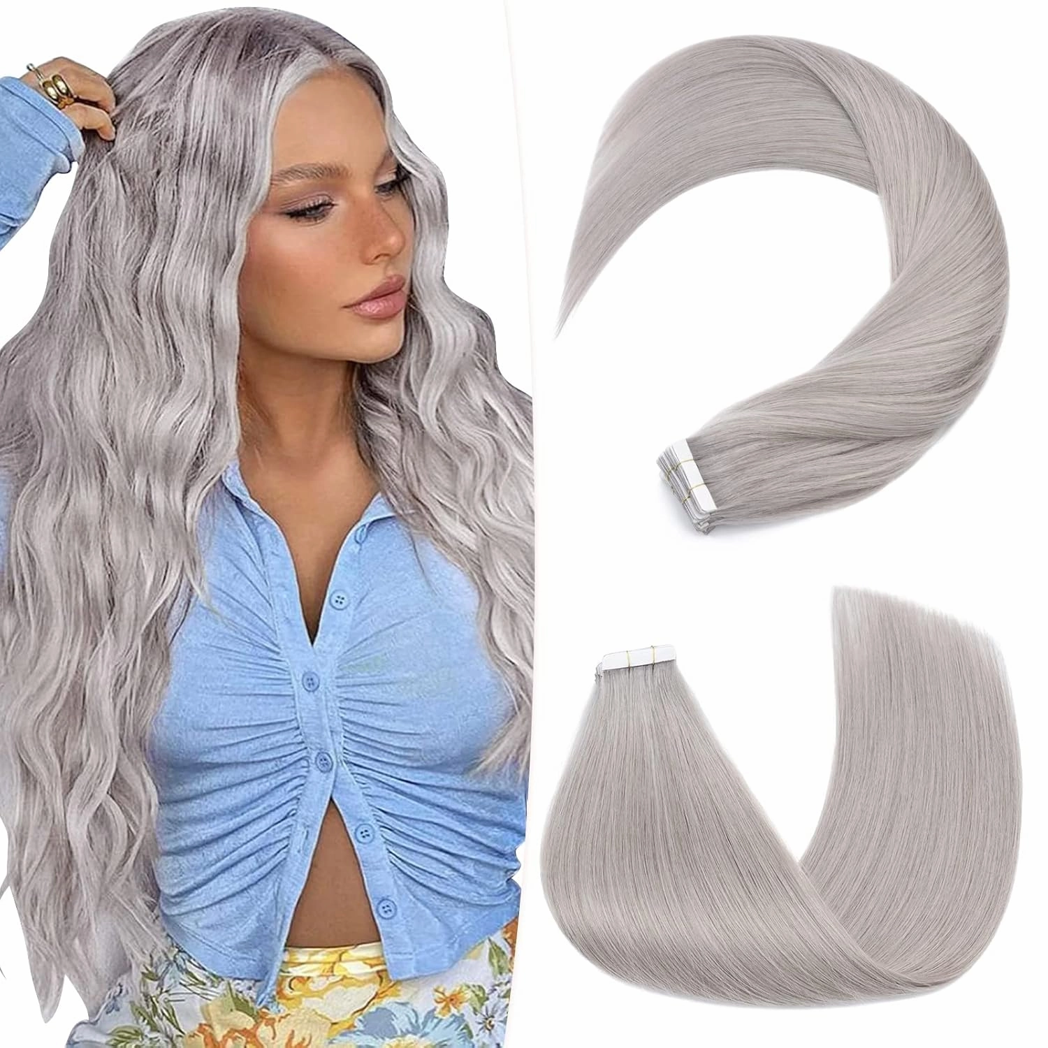 Hairro Tape In Human Hair Extensions For Women 12 inch 40g 20pcs #GREY