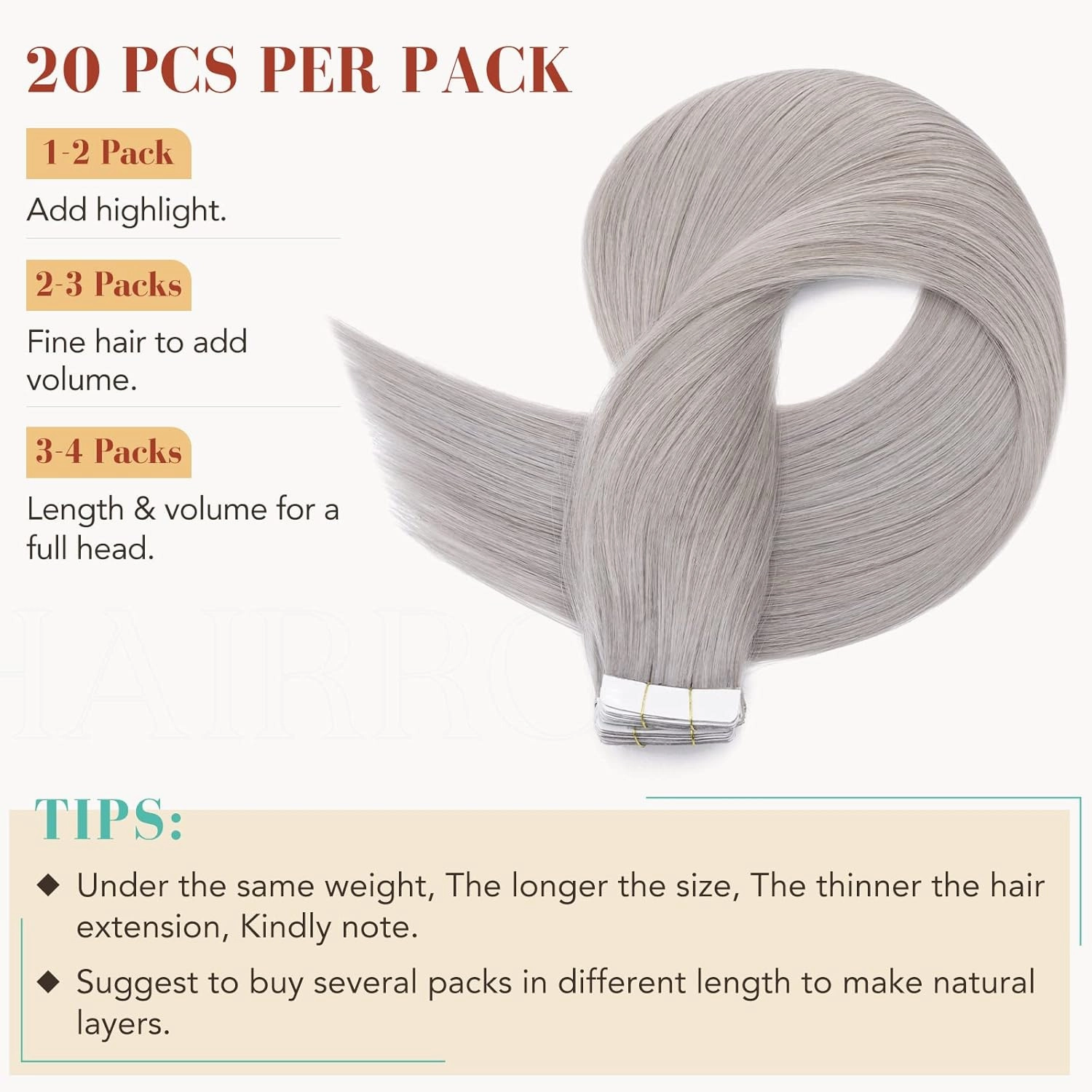 Hairro Tape In Human Hair Extensions For Women 12 inch 40g 20pcs #GREY