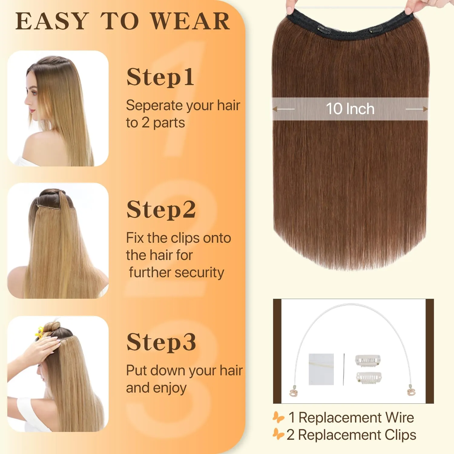 Halo Hair Extensions Straight, 100% Real Human Hair,No Tangle & Smooth,Invisible Wire Extensions for Women,65g,16 Inch, #04 Medium Brown