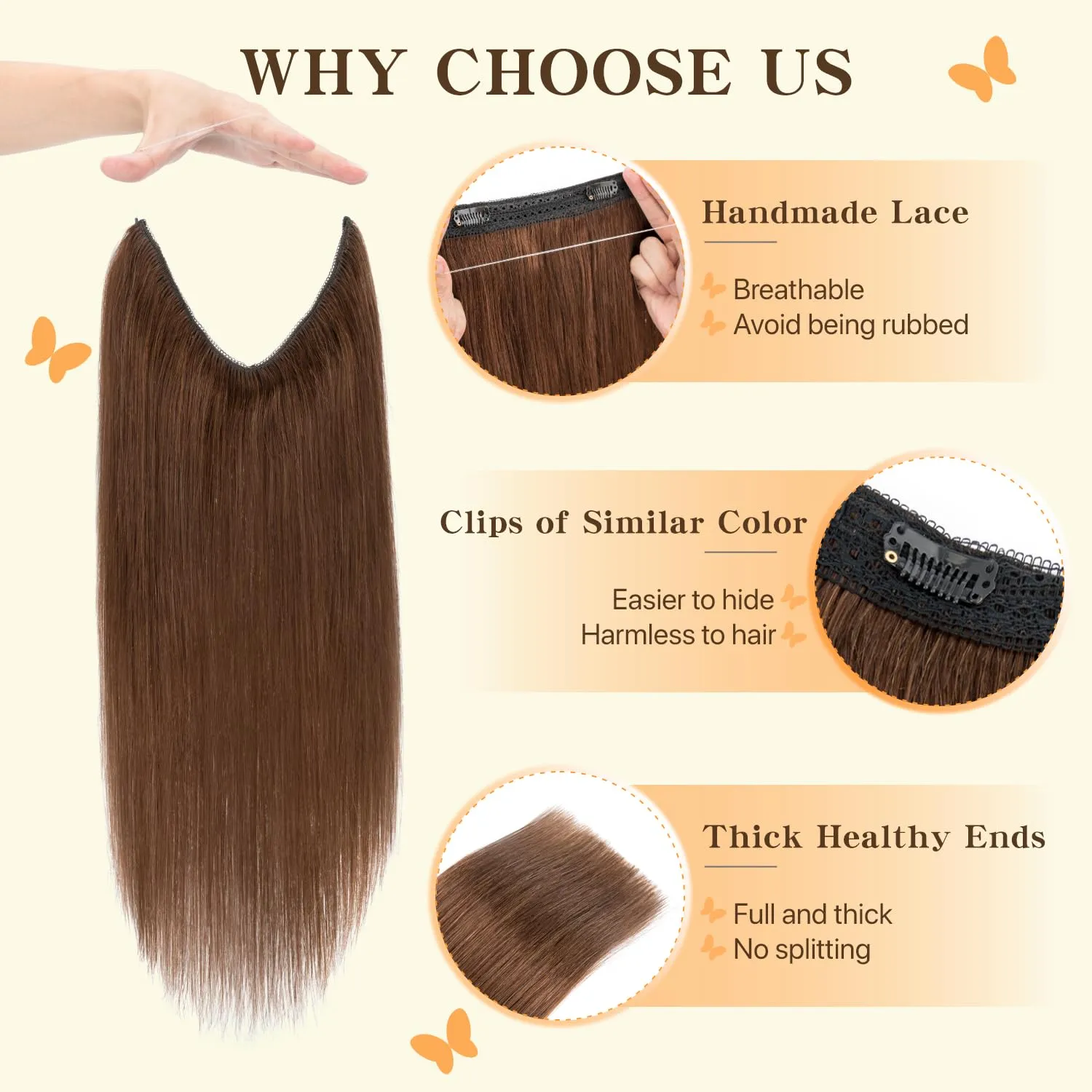 Halo Hair Extensions Straight, 100% Real Human Hair,No Tangle & Smooth,Invisible Wire Extensions for Women,65g,16 Inch, #04 Medium Brown