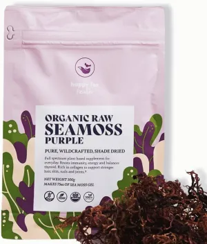 HAPPY FOX Organic Sea Moss Raw Purple - Makes 75oz of Seamoss Gel Rich in Phytonutrients & Minerals, Certified Non-GMO, Wildcrafted, Superfood - 100 gram Bag