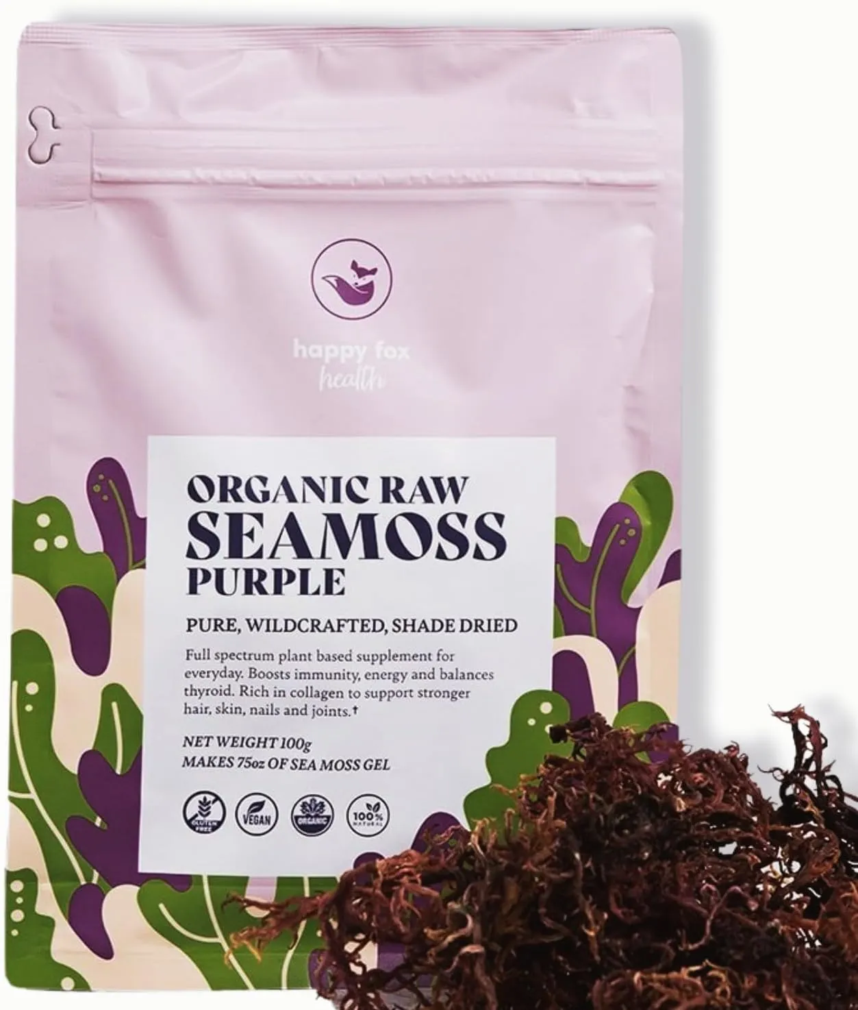 HAPPY FOX Organic Sea Moss Raw Purple - Makes 75oz of Seamoss Gel Rich in Phytonutrients & Minerals, Certified Non-GMO, Wildcrafted, Superfood - 100 gram Bag