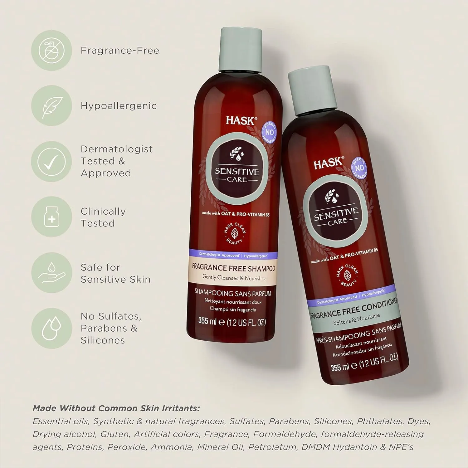 HASK SENSITIVE CARE Shampoo   Conditioner Set - Fragrance & Paraben Free, Vegan, Color Safe, Gluten & Sulfate Free, Cruelty-Free
