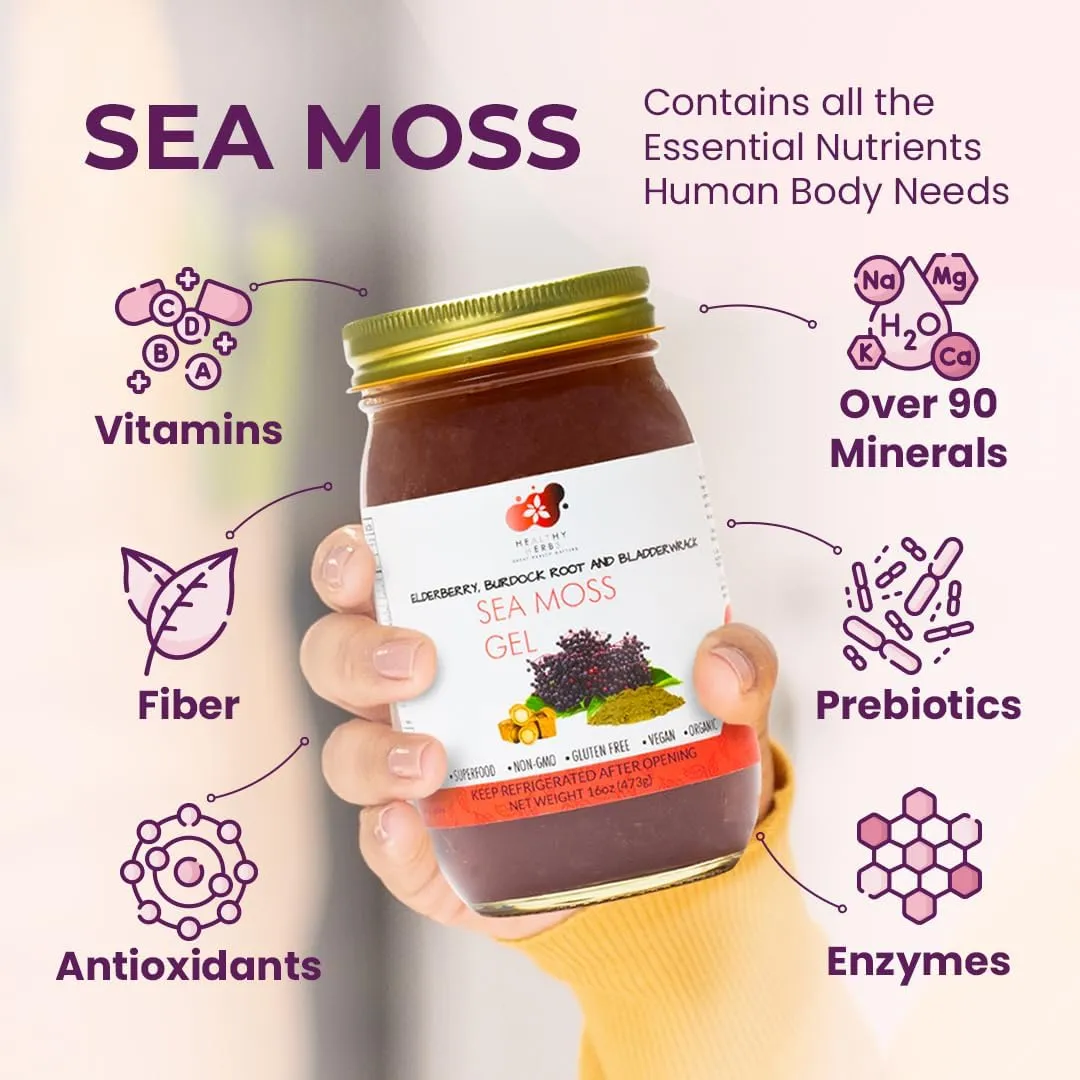 Healthy Herbs Sea Moss Gel (Elderberry) Wildcrafted from Jamaican St Lucia Gold Seamoss | Wild-Harvested Superfood With Over 90 Essential Vitamins & Minerals | Vegan, Non-GMO, US-Made (16 oz.)