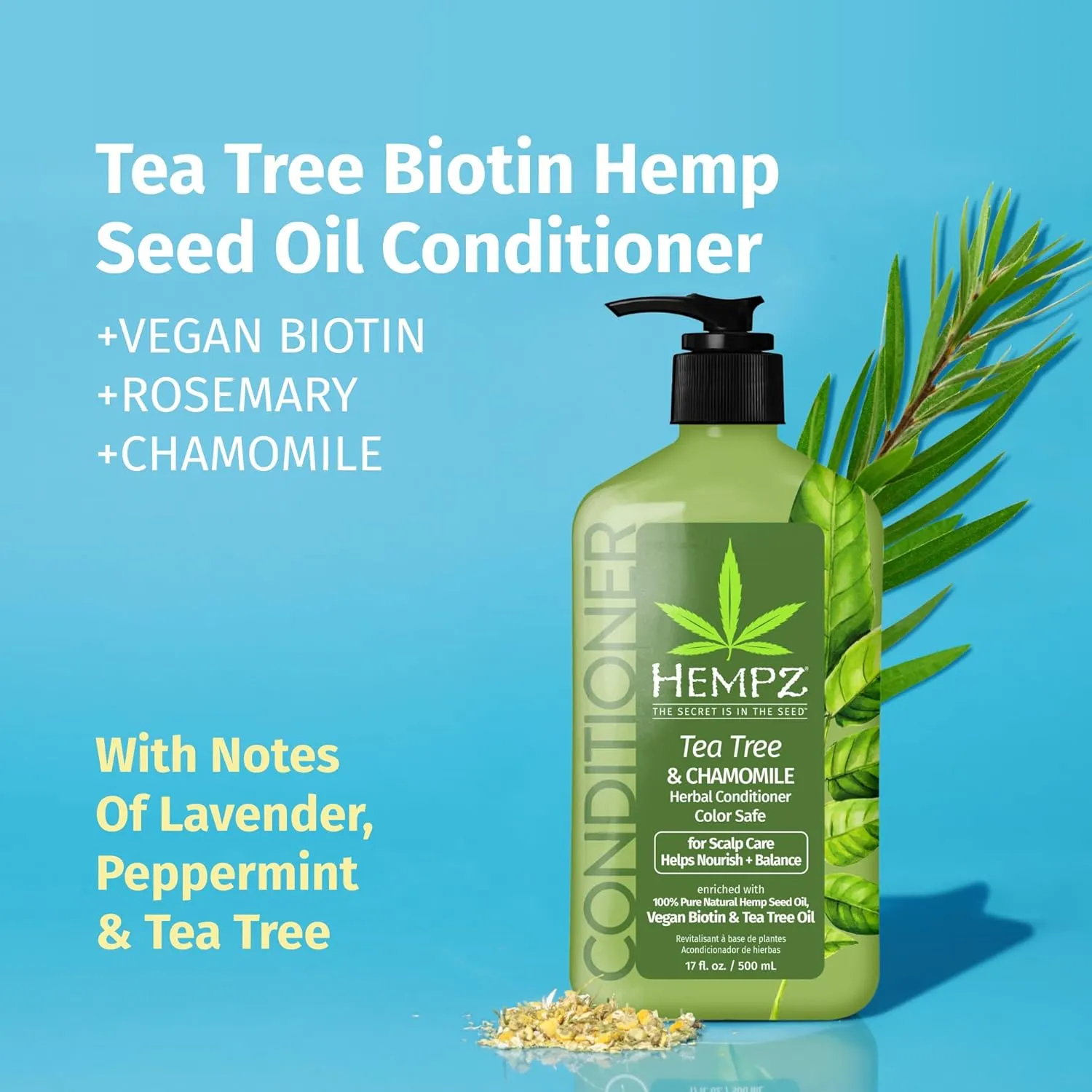 Hempz Biotin Hair Conditioner - Tea Tree & Chamomile - For Scalp Care Hair Growth & Strengthening of Dry, Damaged and Color Treated Hair, Hydrating, Softening, Moisturizing - 17 Fl OZ