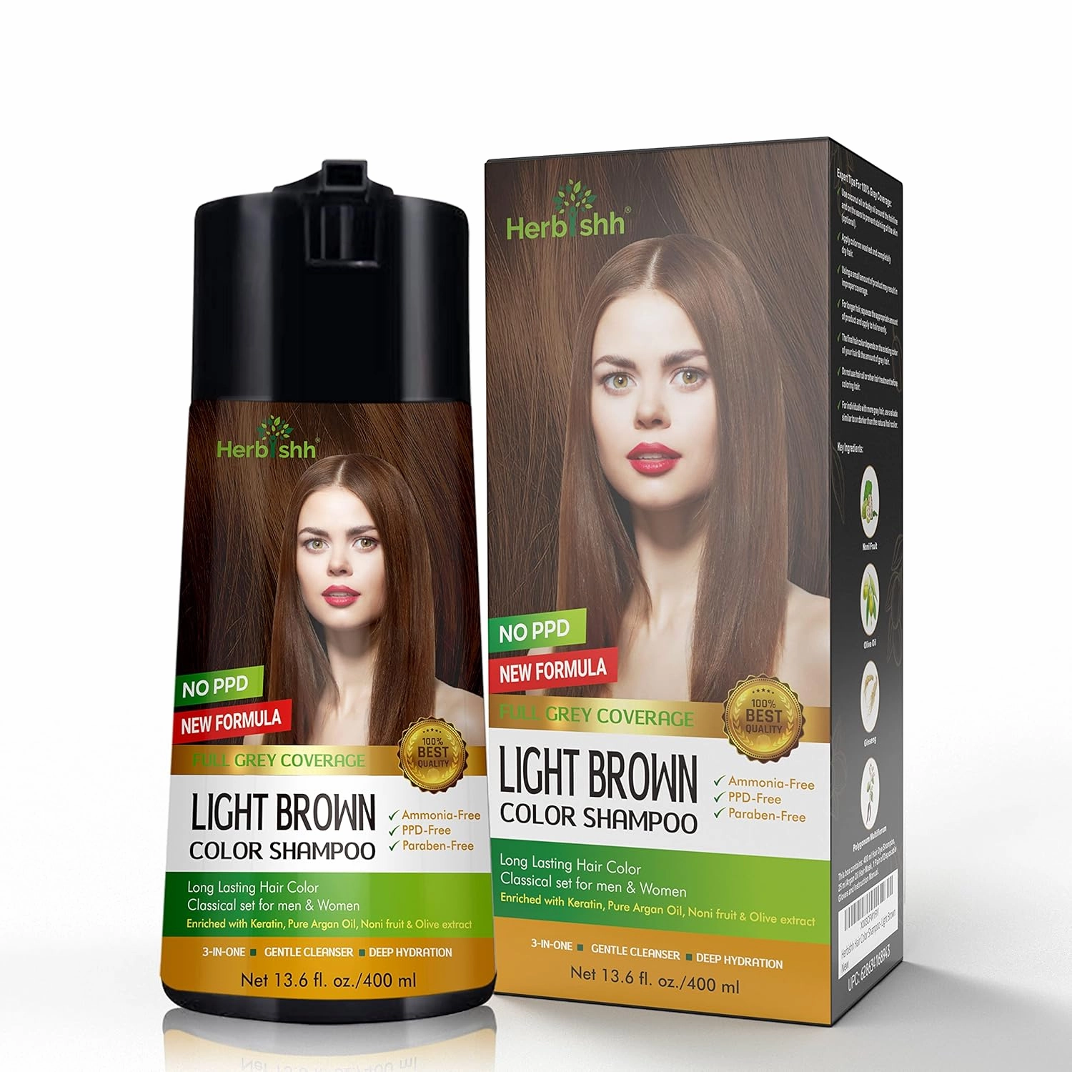 Herbishh Hair Color Shampoo - Enriched Dye Formula for Gray Hair - Long Lasting & DIY (Light Brown)