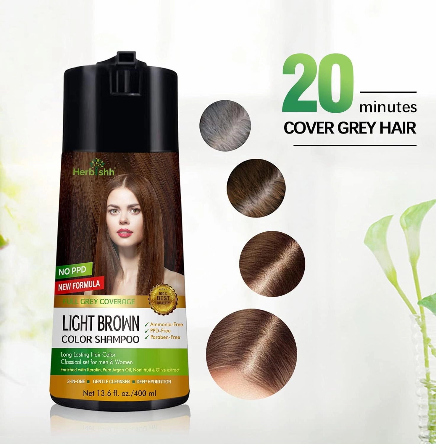 Herbishh Hair Color Shampoo - Enriched Dye Formula for Gray Hair - Long Lasting & DIY (Light Brown)