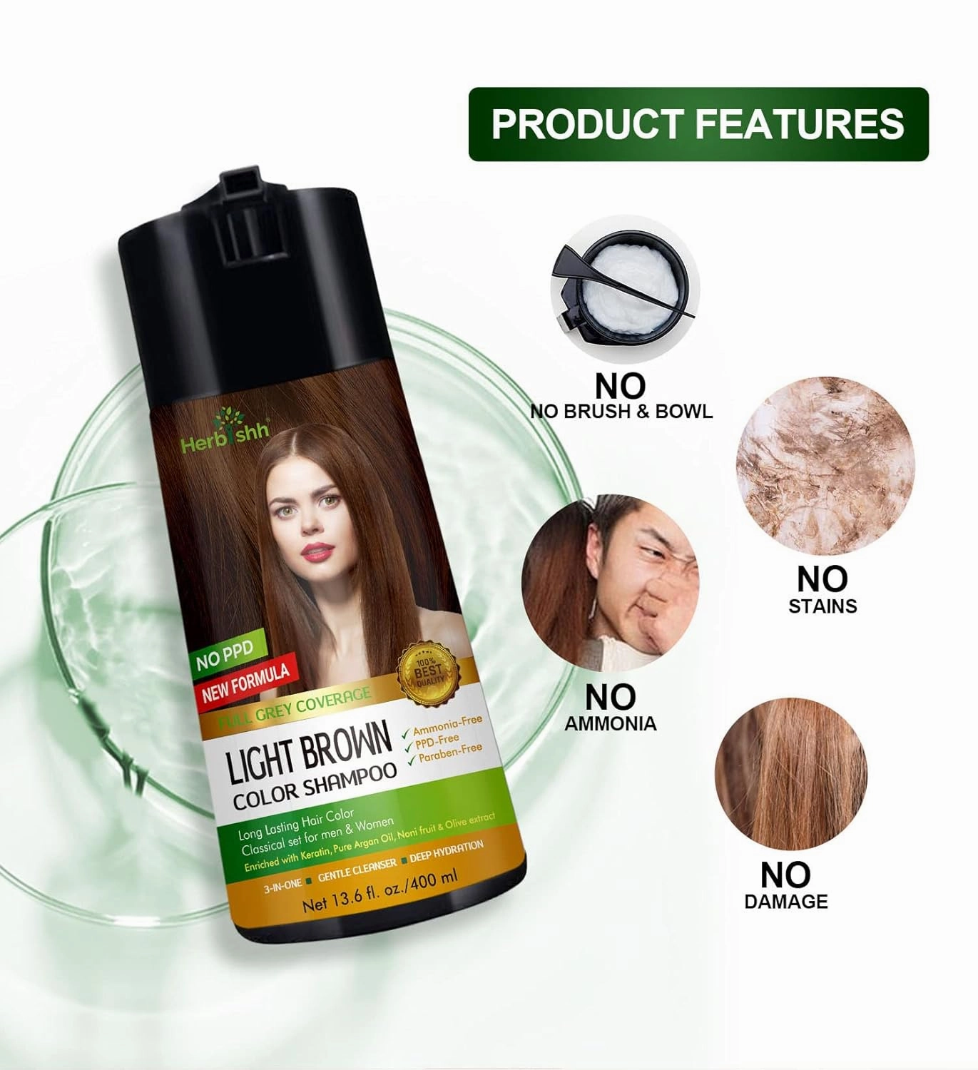 Herbishh Hair Color Shampoo - Enriched Dye Formula for Gray Hair - Long Lasting & DIY (Light Brown)