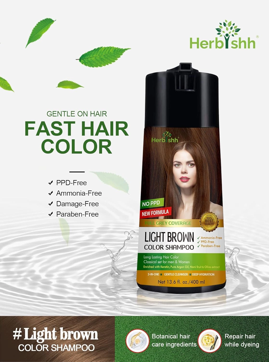 Herbishh Hair Color Shampoo - Enriched Dye Formula for Gray Hair - Long Lasting & DIY (Light Brown)