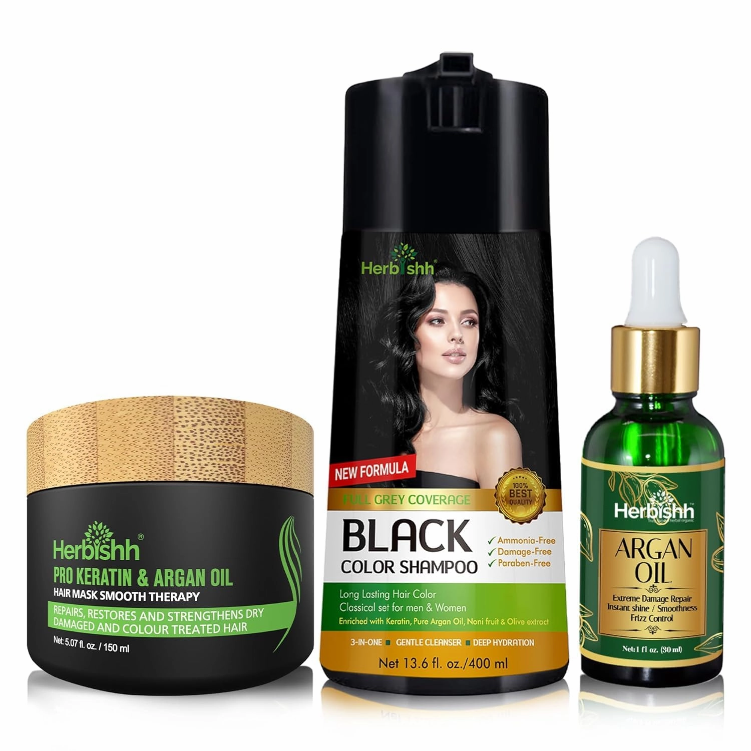 Herbishh Hair Color Shampoo for Gray Hair – Hair Dye Shampoo and Conditioner   Argan Oil 30mL Hydrating Hair Oil   Pro Keratin Argan Oil Hair Mask for Dry, Damaged Hair 150mL (Black)
