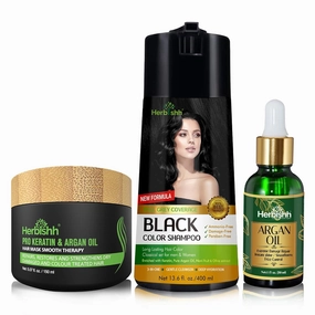 Herbishh Hair Color Shampoo for Gray Hair – Hair Dye Shampoo and Conditioner   Argan Oil 30mL Hydrating Hair Oil   Pro Keratin Argan Oil Hair Mask for Dry, Damaged Hair 150mL (Black)