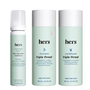 hers Triple Threat Shampoo, Conditioner and Minoxidil Set - Hair Loss Treatment for Women - Includes 5% Foam Minoxidil Treatment, Color Safe Hair Thickening Shampoo and Conditioner - 3 Count