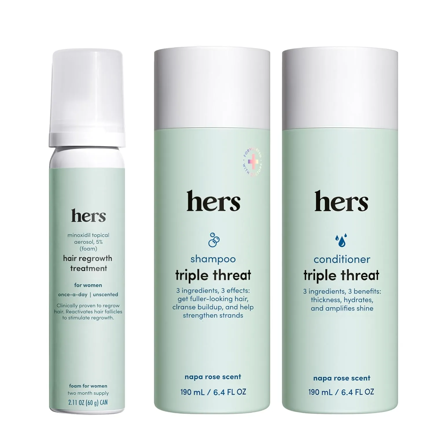 hers Triple Threat Shampoo, Conditioner and Minoxidil Set - Hair Loss Treatment for Women - Includes 5% Foam Minoxidil Treatment, Color Safe Hair Thickening Shampoo and Conditioner - 3 Count