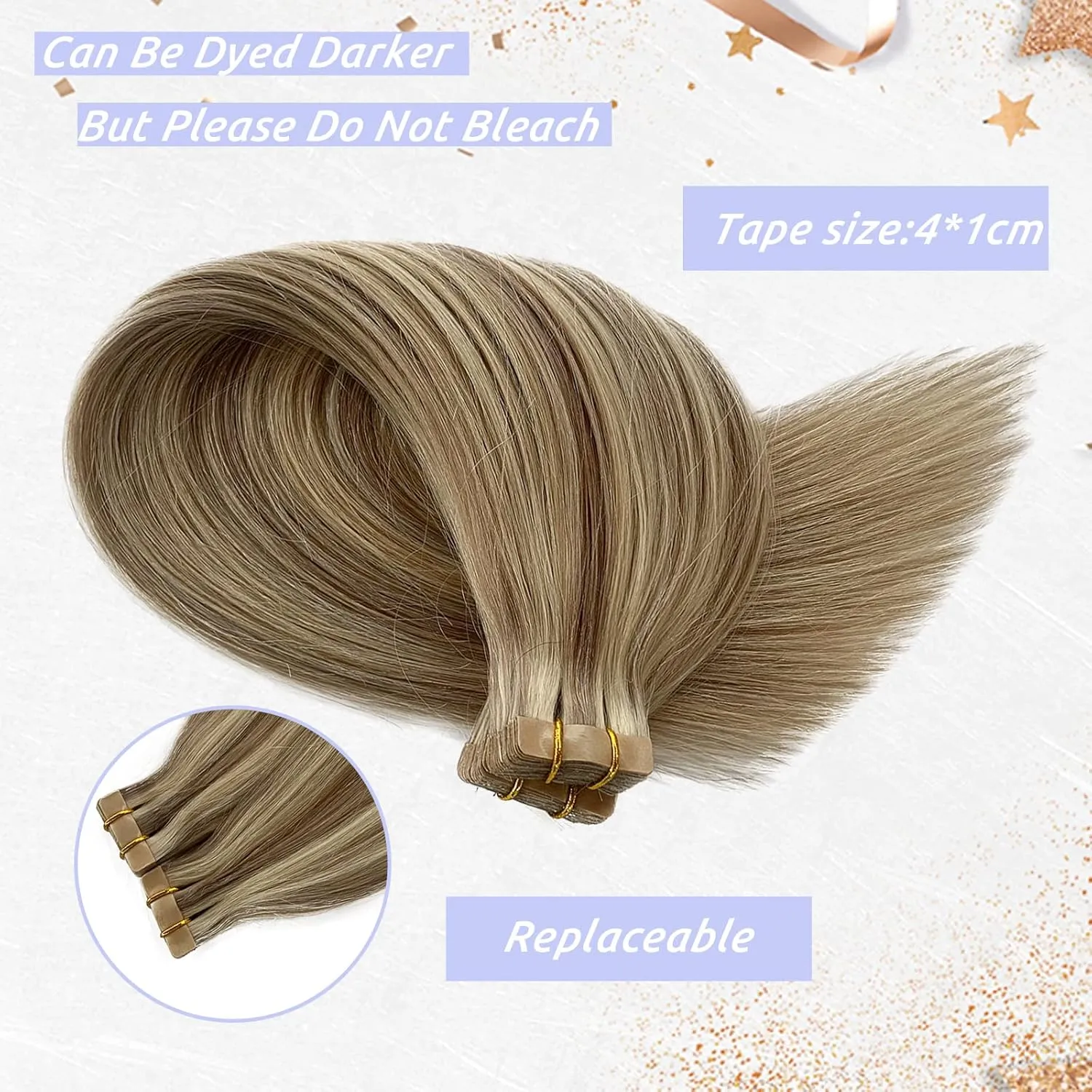 Highlights Tape in Hair Extensions - Balayage Platinum Blonde Fading to Ash Brown, 20 Inch, 60/20pcs, 9A Brazilian Remy Human Hair