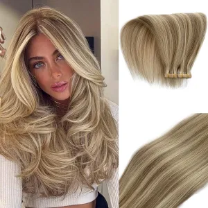 Highlights Tape in Hair Extensions - Balayage Platinum Blonde Fading to Ash Brown, 20 Inch, 60/20pcs, 9A Brazilian Remy Human Hair