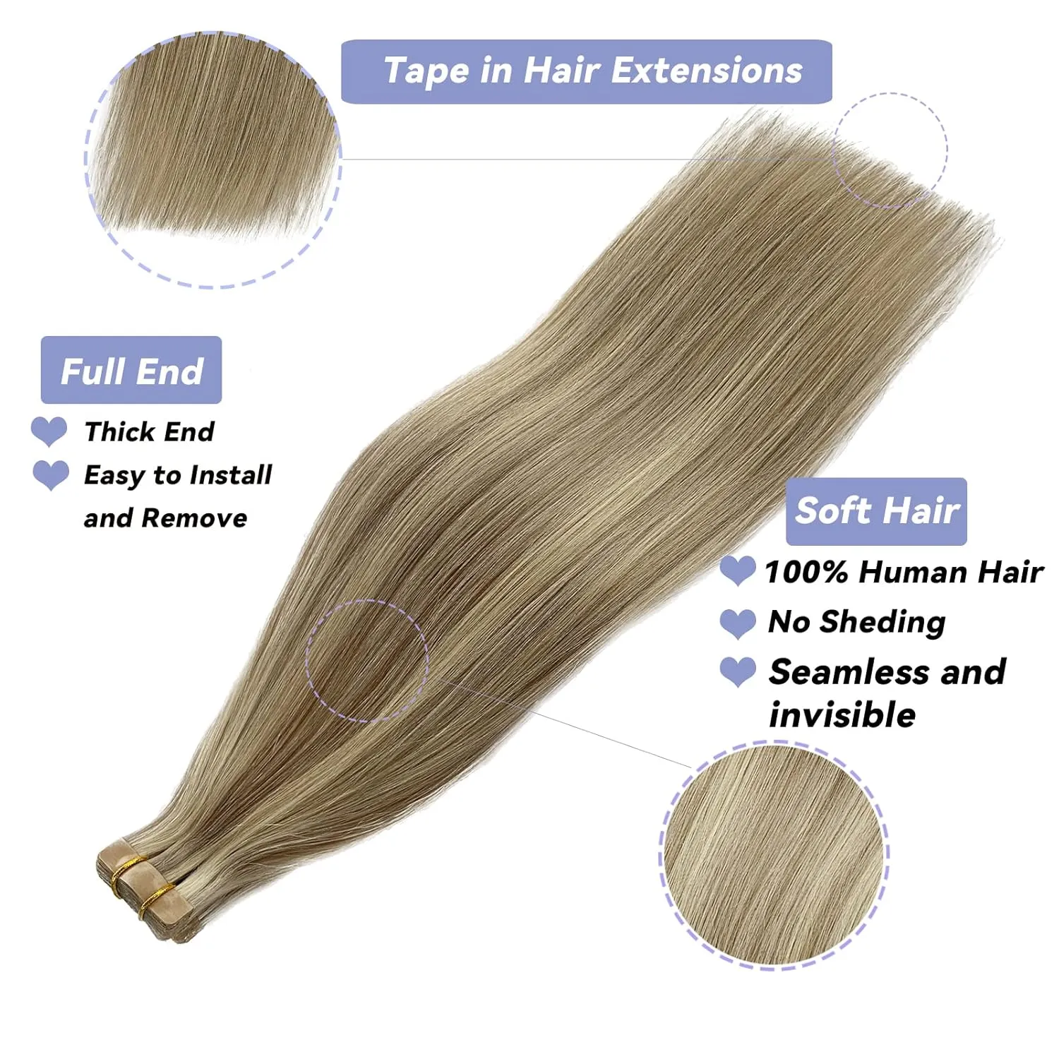 Highlights Tape in Hair Extensions - Balayage Platinum Blonde Fading to Ash Brown, 20 Inch, 60/20pcs, 9A Brazilian Remy Human Hair