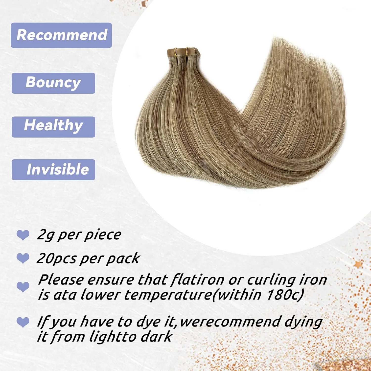 Highlights Tape in Hair Extensions - Balayage Platinum Blonde Fading to Ash Brown, 20 Inch, 60/20pcs, 9A Brazilian Remy Human Hair