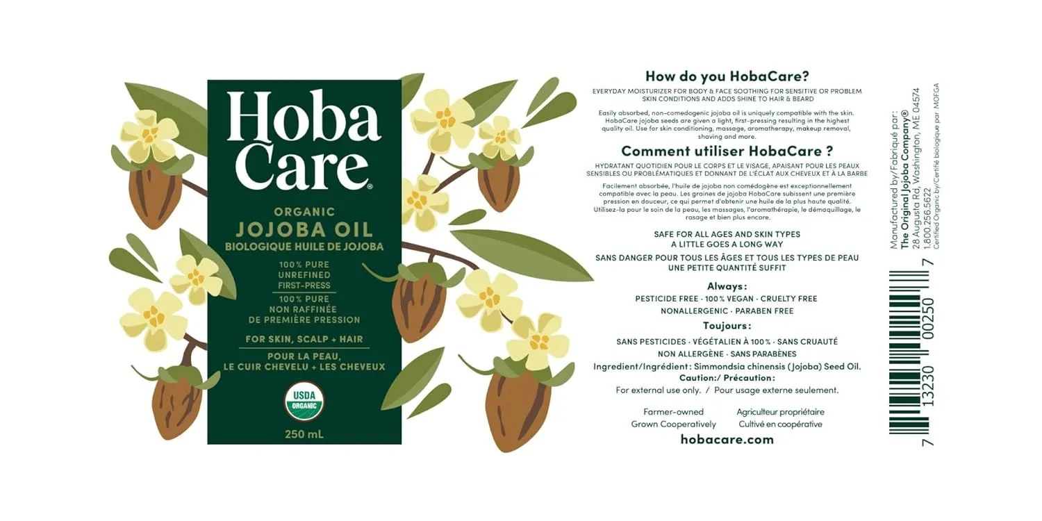 HobaCare 100% Pure, Unrefined Organic Jojoba Oil for Skin & Nails - Moisturizing Body Oil & Face Moisturizer for Dry Skin - Natural Treatment for Hair & Beard Care (8.45 fl oz)