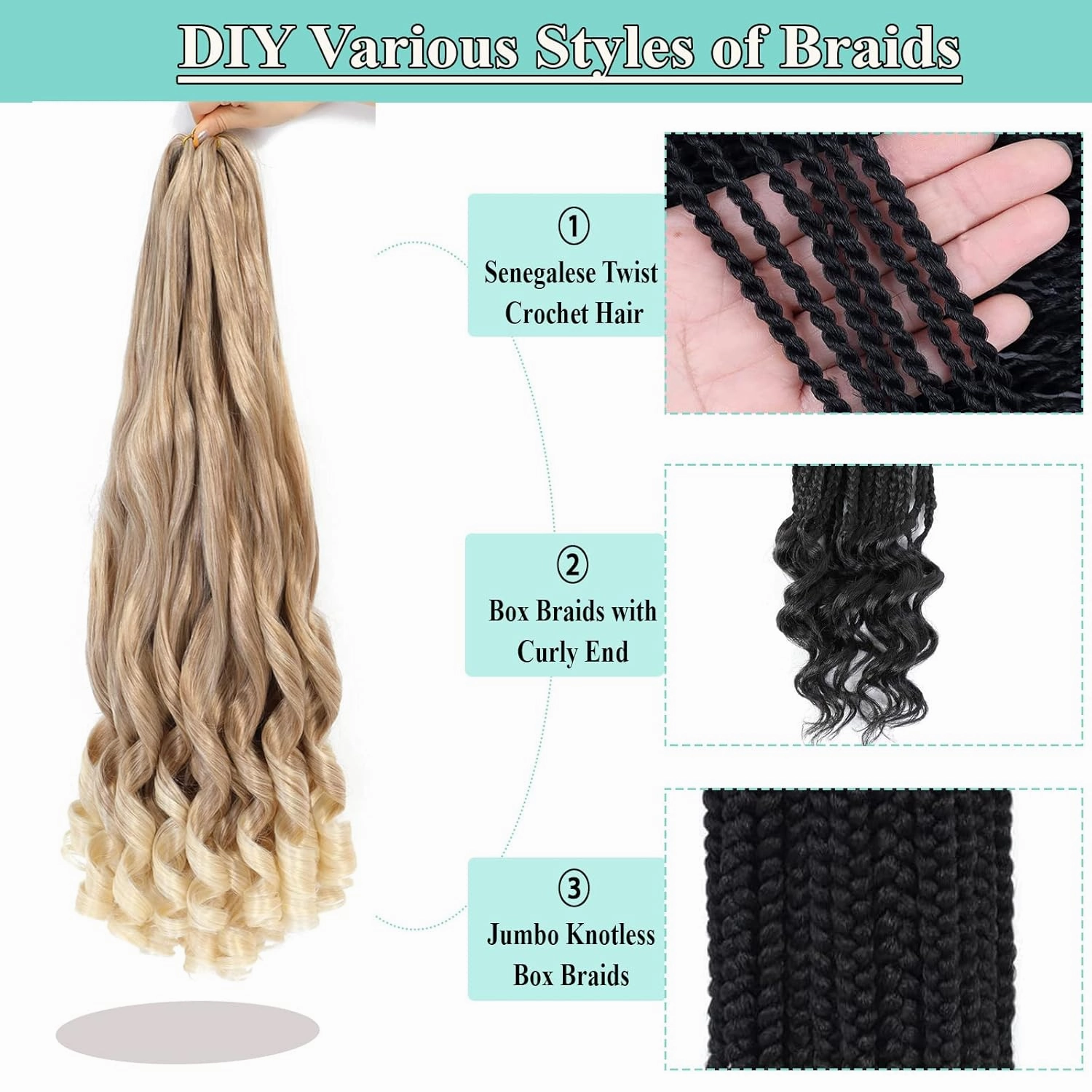 Honey Blonde French Curls Braiding Hair 8packs 26inch 27/613 Color Pre Stretched Curly Ombre Braiding Hair for Goddess Box Braids Hair Bounce Curl Loose Wave Crochet Braids for Black Women