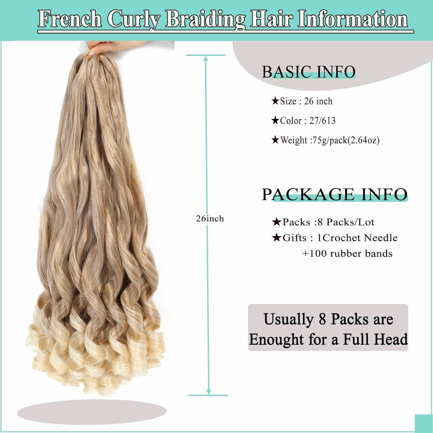 Honey Blonde French Curls Braiding Hair 8packs 26inch 27/613 Color Pre Stretched Curly Ombre Braiding Hair for Goddess Box Braids Hair Bounce Curl Loose Wave Crochet Braids for Black Women