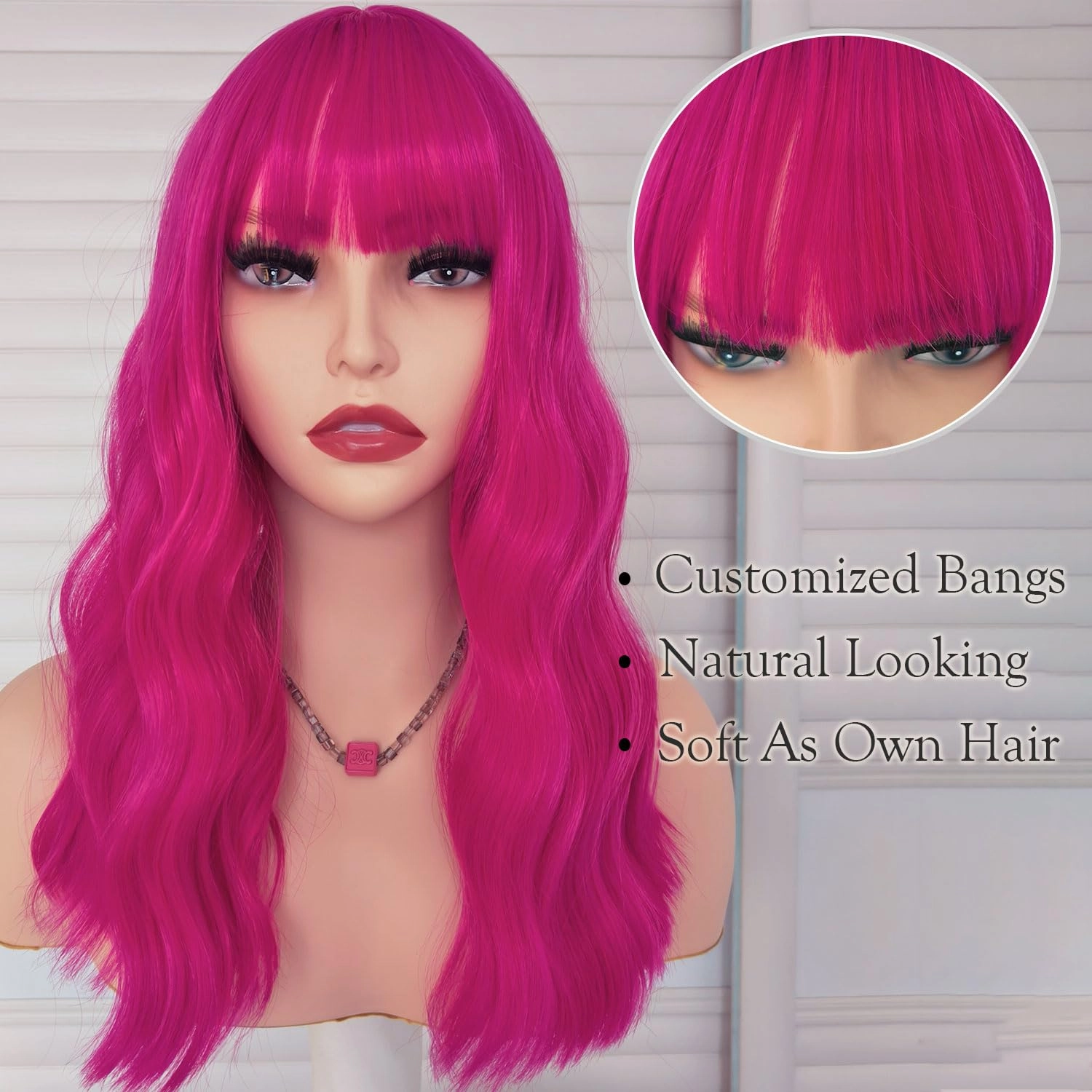 Hot Pink Wig with Bangs 16 Inch Natural Wave Synthetic Hair Wigs for Women Daily Wearing Shoulder Length Colorful Cosplay Fuchsia Hair Color Halloween Wig