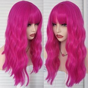 Hot Pink Wig with Bangs 16 Inch Natural Wave Synthetic Hair Wigs for Women Daily Wearing Shoulder Length Colorful Cosplay Fuchsia Hair Color Halloween Wig
