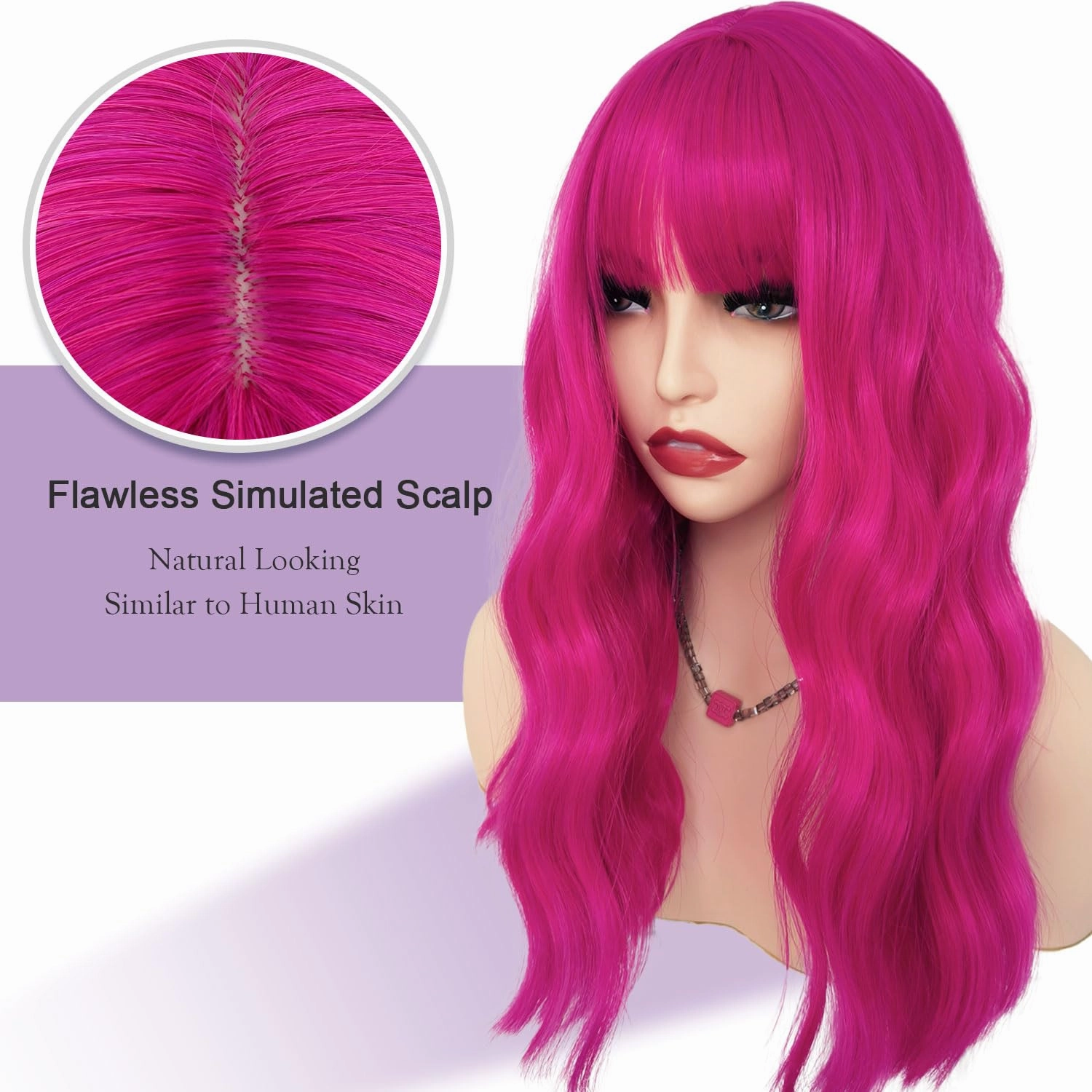 Hot Pink Wig with Bangs 16 Inch Natural Wave Synthetic Hair Wigs for Women Daily Wearing Shoulder Length Colorful Cosplay Fuchsia Hair Color Halloween Wig