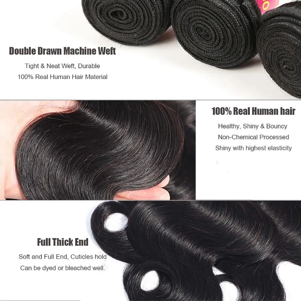 Human Hair Bundles Body Wave Brazilian Virgin Human Hair Bundles 100% Unprocessed Remy 12A Hair Weave Deals Body Wave Human Hair Extensions Natural Color for Black Women (12 14 16)