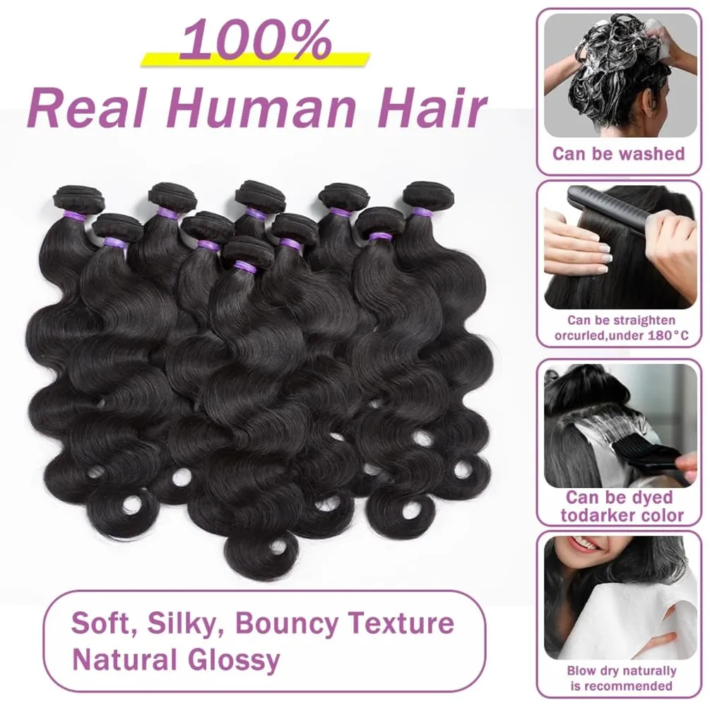 Human Hair Bundles Body Wave Brazilian Virgin Human Hair Bundles 100% Unprocessed Remy 12A Hair Weave Deals Body Wave Human Hair Extensions Natural Color for Black Women (12 14 16)