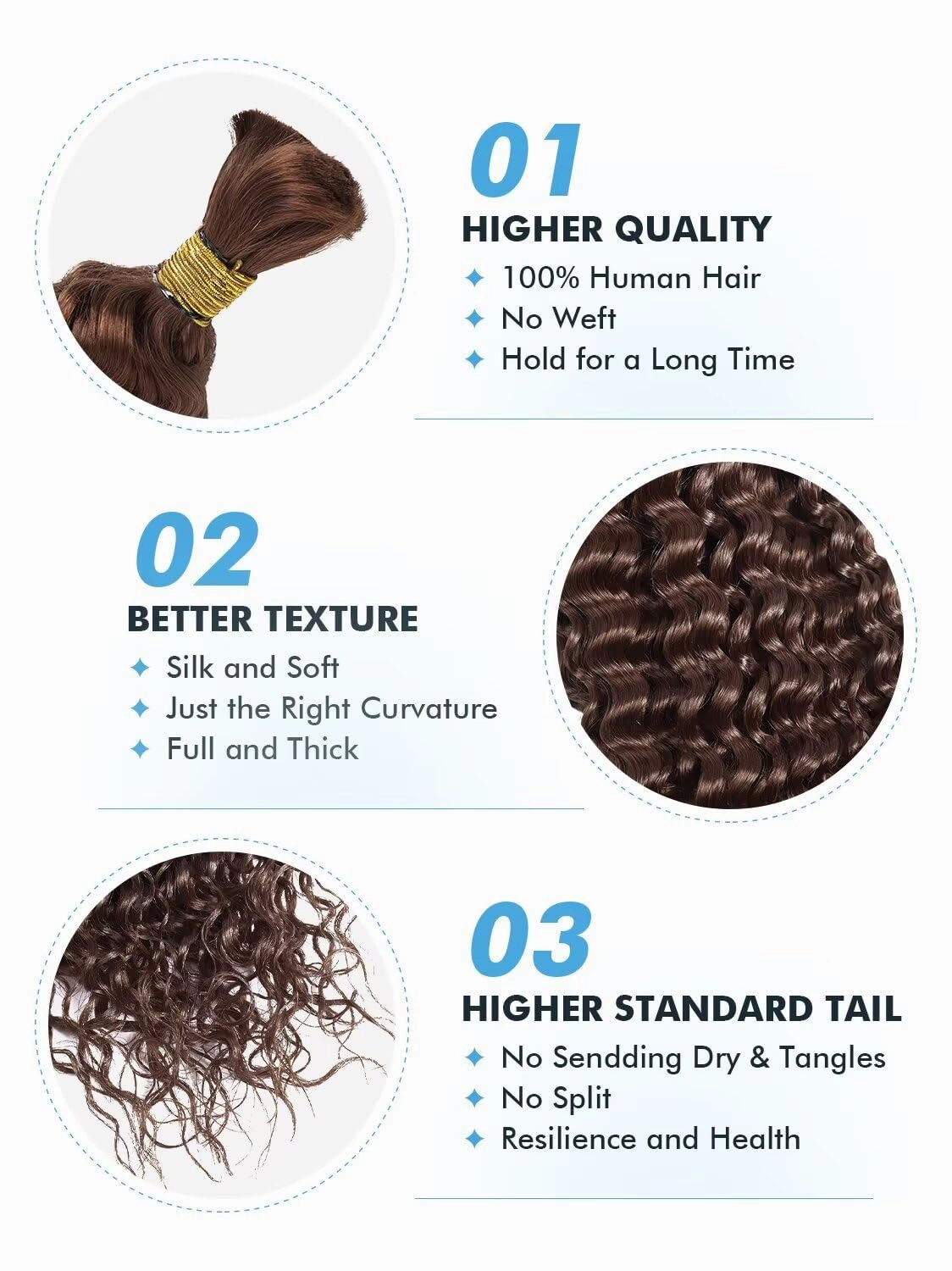 Human Braiding Hair for Boho Braids 150g 18 Inch Chocolate Brown Curly Boho Hair for Braiding Knotless 12A Deep Wave Bulk Bohemian 3 Bundles/Pack Color 4