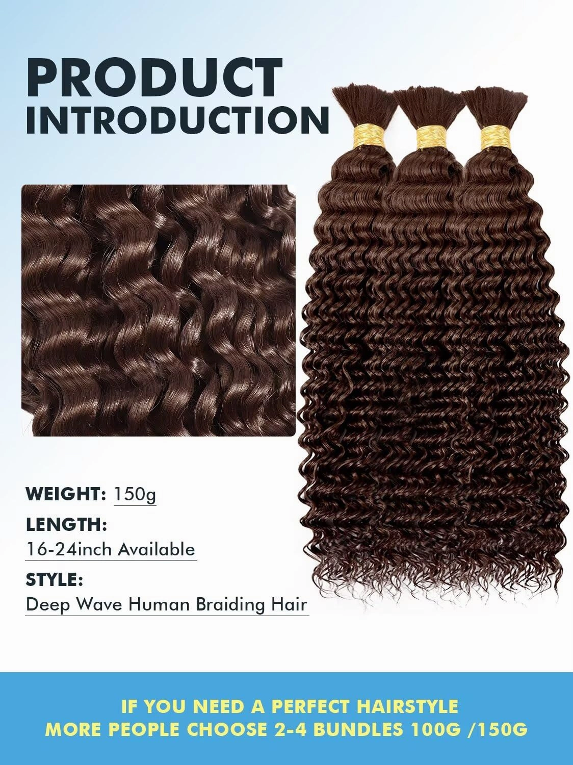 Human Braiding Hair for Boho Braids 150g 18 Inch Chocolate Brown Curly Boho Hair for Braiding Knotless 12A Deep Wave Bulk Bohemian 3 Bundles/Pack Color 4