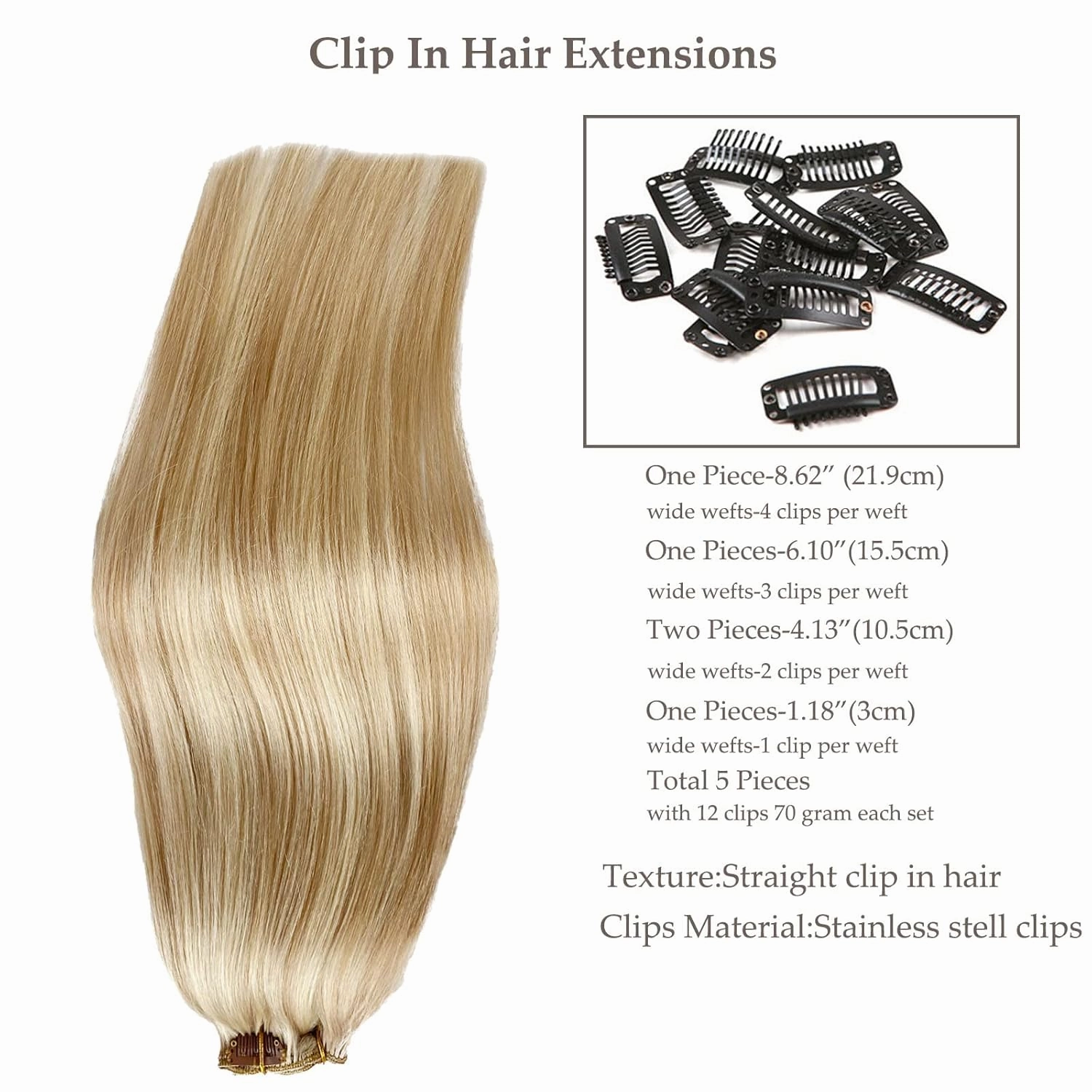 Human Hair Clip In Extensions Ash Blonde Highlighted Platinum Blonde Real Hair Extensions Remy Clip On Hair Extensions Double Weft 5Pcs 70G 12Inch (#17A/60A,12Inch)