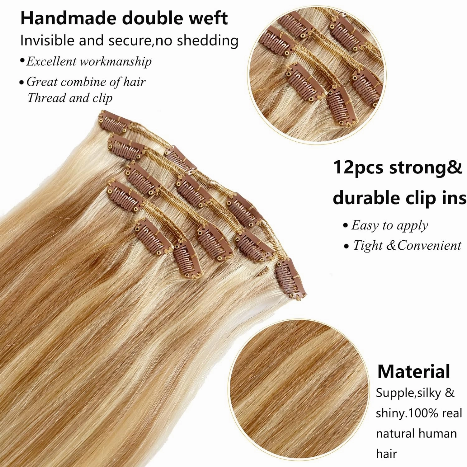 Human Hair Clip In Extensions Ash Blonde Highlighted Platinum Blonde Real Hair Extensions Remy Clip On Hair Extensions Double Weft 5Pcs 70G 12Inch (#17A/60A,12Inch)