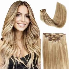 Human Hair Extensions Clip in Golden Blonde Highlights Medium Blonde Clip in Hair Extensions Real Human Hair 5 Pieces 14 Inch Remy Hair Seamless Clip ins Extensions Human Hair Silky Straight 70g