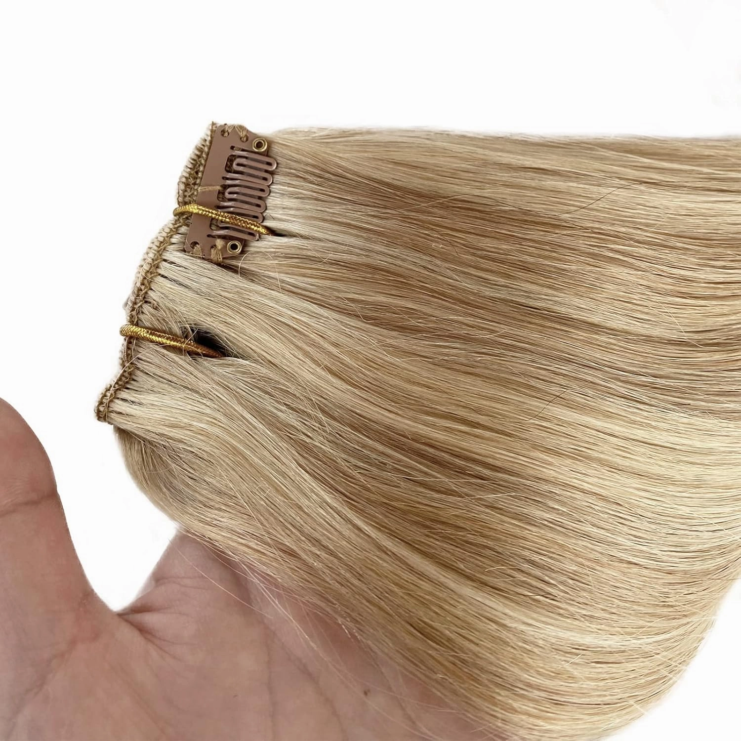 Human Hair Extensions Clip in Golden Blonde Highlights Medium Blonde Clip in Hair Extensions Real Human Hair 5 Pieces 14 Inch Remy Hair Seamless Clip ins Extensions Human Hair Silky Straight 70g