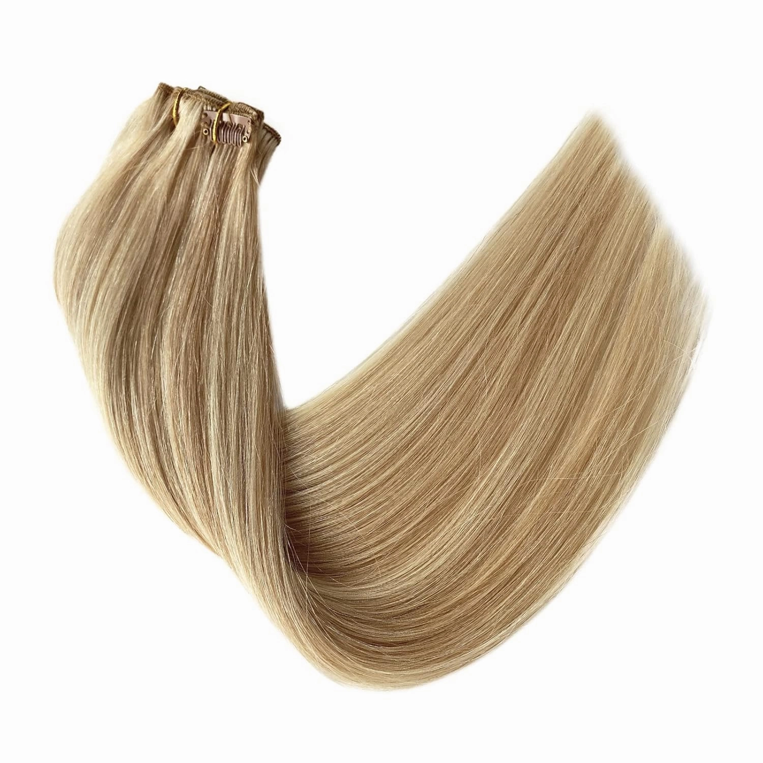 Human Hair Extensions Clip in Golden Blonde Highlights Medium Blonde Clip in Hair Extensions Real Human Hair 5 Pieces 14 Inch Remy Hair Seamless Clip ins Extensions Human Hair Silky Straight 70g